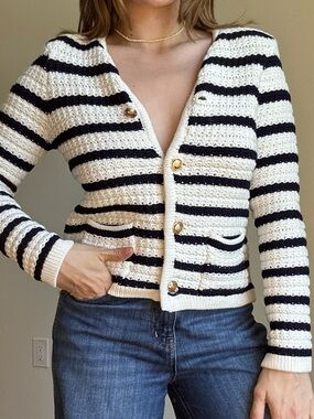 House of Harlow 1960 Cream and Navy  Striped Crochet Cardigan size extra small